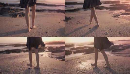 夕阳海边美女缓步走在沙滩上朝着大海走去高清在线视频素材下载
