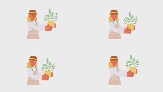 园丁女人抱着植物2D角色动画高清在线视频素材下载