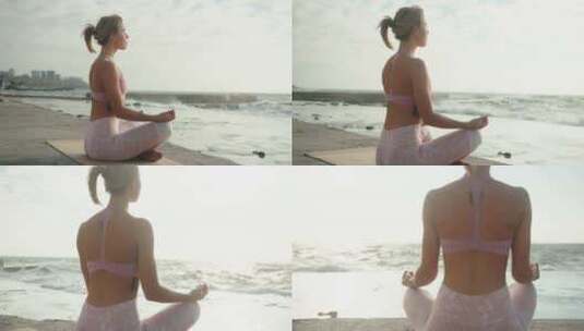 女人坐在莲花姿势，面对暴风雨的大海冥想高清在线视频素材下载