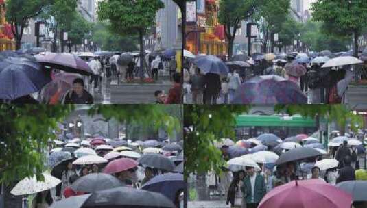 4K街道下雨打伞人群高清在线视频素材下载