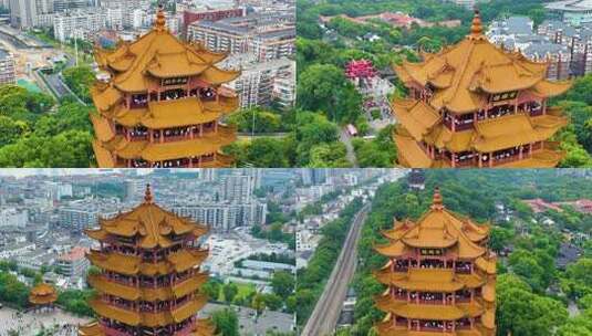 武汉黄鹤楼航拍湖北武昌区地标建筑城市风景高清在线视频素材下载