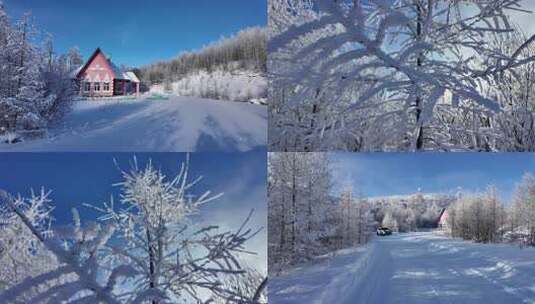 森林小屋管护站冰雪道路雾凇雪景高清在线视频素材下载