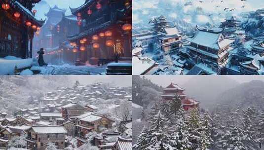 4K冬天中国塔楼楼阁下雪古风雪景高清在线视频素材下载