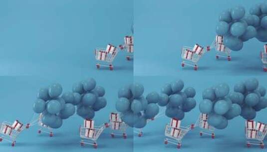 气球拉着的购物车 3D渲染高清在线视频素材下载