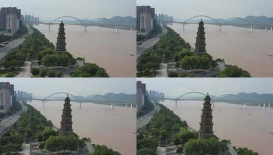 湖北宜昌城市江边古塔建筑航拍709高清在线视频素材下载