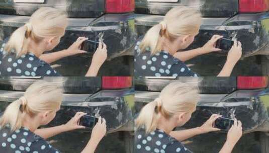 女人拍摄损坏的汽车保险杠高清在线视频素材下载
