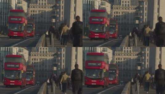 伦敦大桥上穿梭的行人和巴士高清在线视频素材下载