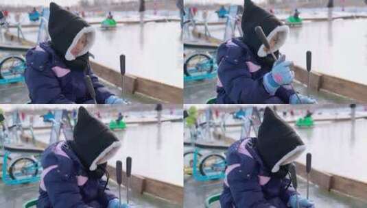 冬季在露天冰场玩耍的中国女孩高清在线视频素材下载