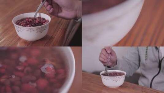 【镜头合集】实木桌子上放祛湿红豆粥高清在线视频素材下载
