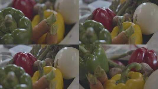 西餐料理蔬菜配料青红椒笋小胡萝卜高清在线视频素材下载
