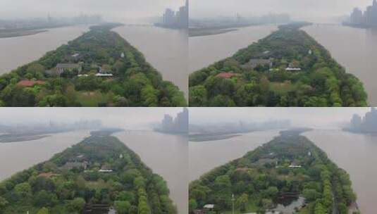 湖南长沙湘江橘子洲汛期涨洪水航拍高清在线视频素材下载