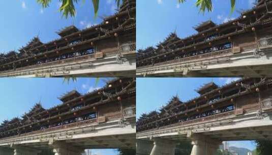 下降拍摄湖北省恩施州宣恩县侗族风雨桥高清在线视频素材下载