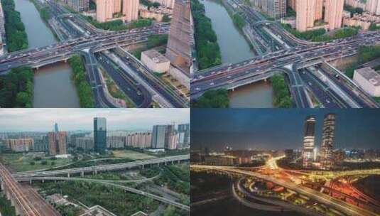 杭州多个立交桥车水马龙航拍延时高清在线视频素材下载