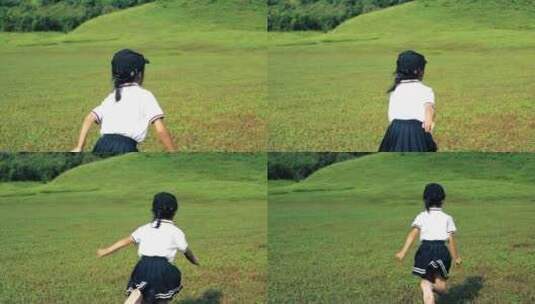 4K小女孩草坪上快乐奔跑开心玩耍奔跑背影高清在线视频素材下载