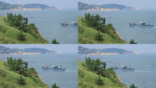 一条渔船驶过威海远遥渔港的海面高清在线视频素材下载