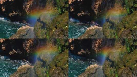 小雨瀑布水雾形成的彩虹高清在线视频素材下载