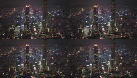航拍广州珠江新城CBD建筑群夜景高清在线视频素材下载