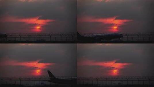 飞机起飞飞机降落夕阳日出黄昏飞高清在线视频素材下载