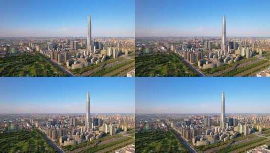 中国天津滨海新区周大福金融中心天际线航拍高清在线视频素材下载