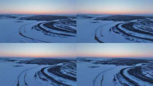 航拍内蒙雪原冰河海拉尔河暮色高清在线视频素材下载