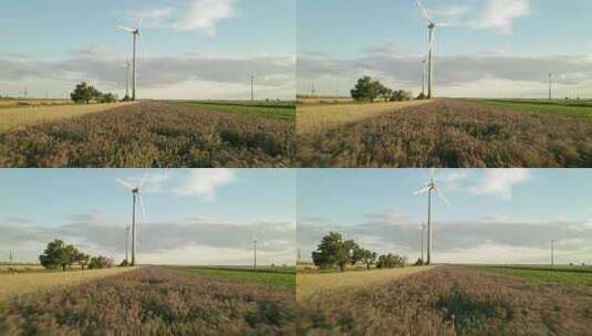 背景中田野和风力涡轮机的空中向前移动镜头高清在线视频素材下载