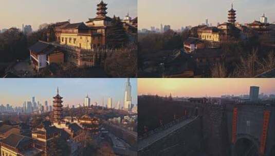 航拍日出阳光照在南京鸡鸣寺高清在线视频素材下载
