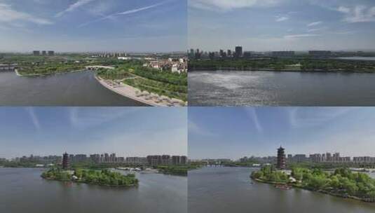 淄博孝妇河湿地公园航拍高清在线视频素材下载