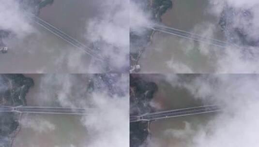 福州长门特大桥航拍俯视左环绕进云雾高清在线视频素材下载