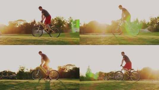 日落时骑自行车的人在草坪上骑行高清在线视频素材下载