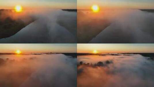 河面树林田野浓雾唯美雾气日出乡村风光高清在线视频素材下载