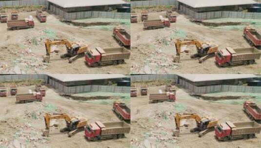 排队拉砂石的运渣车与挖掘机高清在线视频素材下载