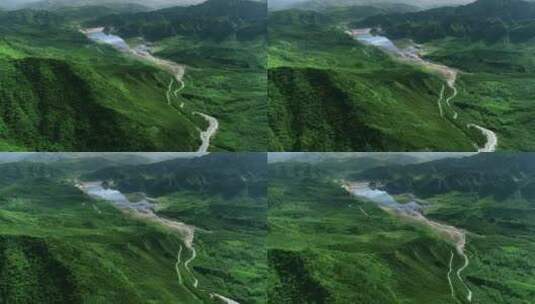 航拍绿色的大山、茂密的植被,绿水青山高清在线视频素材下载