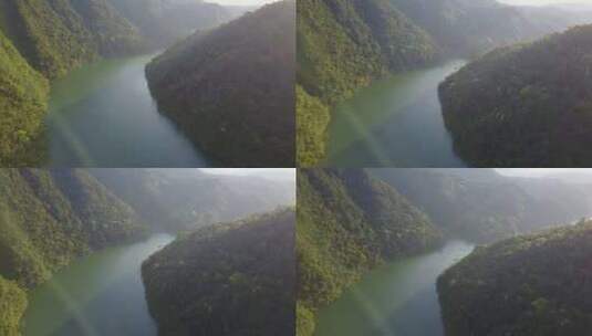 江西水坝航拍山脉深山河流远景高清在线视频素材下载