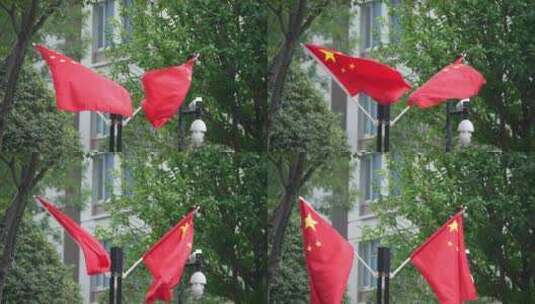 国庆节小区内悬挂的国旗高清在线视频素材下载