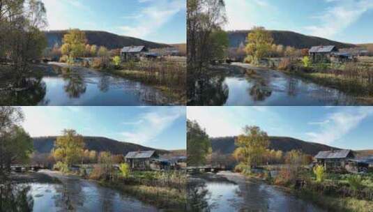 秋季郊区小河河岸农舍高清在线视频素材下载