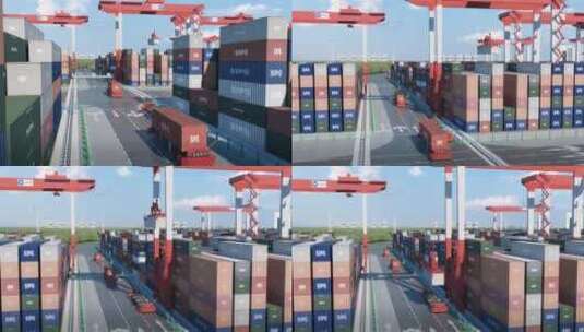 三维3D动画港口无人装船卸船集装箱繁忙码头高清在线视频素材下载