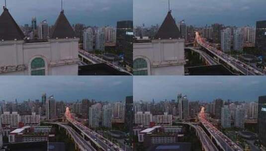 上海_鲁班路立交桥_城市建筑群_夜景航拍高清在线视频素材下载