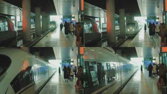站台上等候上车的乘客和动车高铁车厢门高清在线视频素材下载