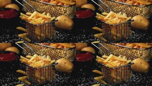 现炸薯条美食升格特写慢动作镜头高清在线视频素材下载