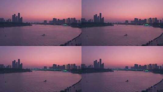 夕阳余晖下的南宁邕江岸城市高楼建筑剪影高清在线视频素材下载