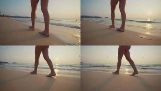 女人赤脚在海滩特写女游客在海边的海滩上跑高清在线视频素材下载