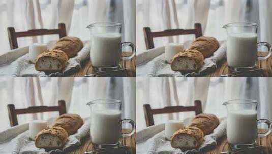 摆放着牛奶和面包的早餐高清在线视频素材下载