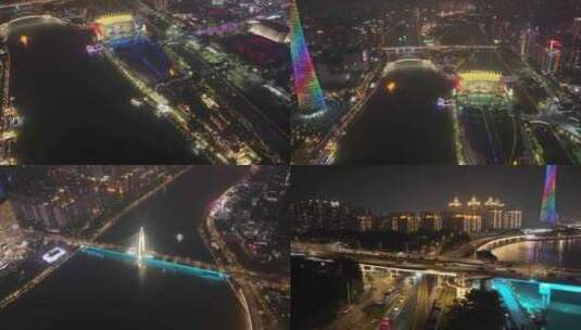 广州珠江新城广州塔海心沙亚运公园航拍夜晚高清在线视频素材下载