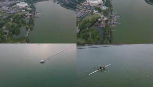航拍湖面划船高清在线视频素材下载