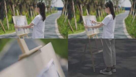 美女画家 艺术家 文艺女青年写生 画画公园高清在线视频素材下载
