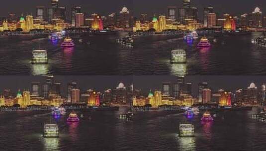 上海外滩黄浦江上游轮夜景航拍高清在线视频素材下载