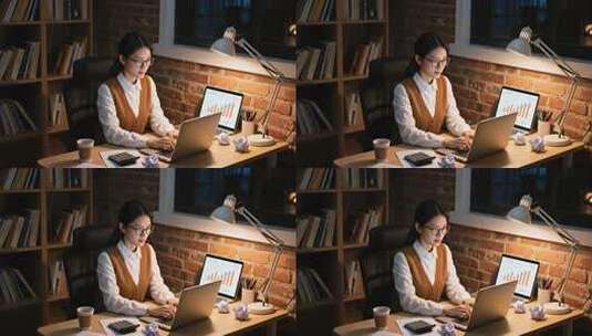 亚洲女士夜晚加班思考职场人物工作场景高清在线视频素材下载