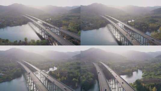 4k航拍山东济南清晨的水上高速高清在线视频素材下载