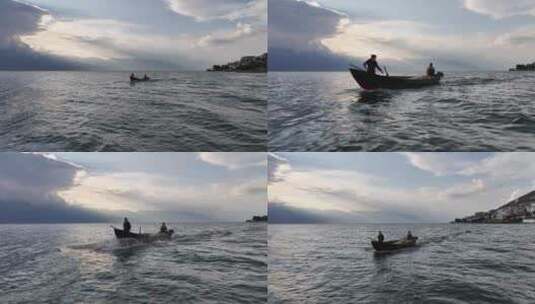 洱海晚霞渔船航拍长镜头高清在线视频素材下载