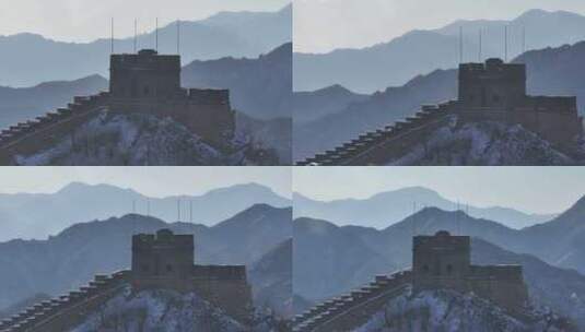 7倍居庸关长城西山顶楼带远山雪景高清在线视频素材下载